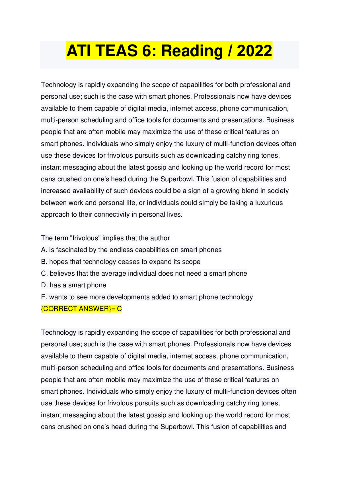 Preview image for ATI TEAS 6: Reading / 2022